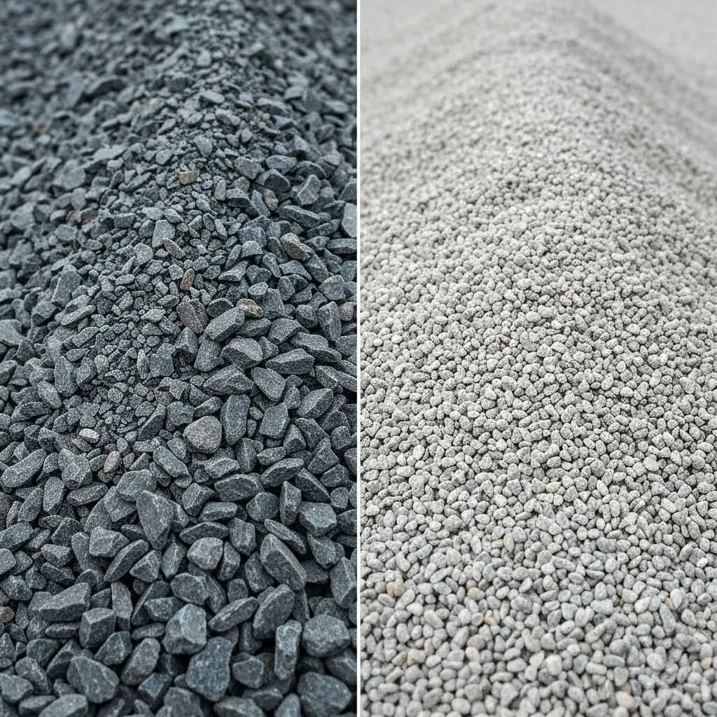 Side by side comparison of crushed stone angular pieces and smooth rounded pea gravel showing texture and size differences for landscaping projects
