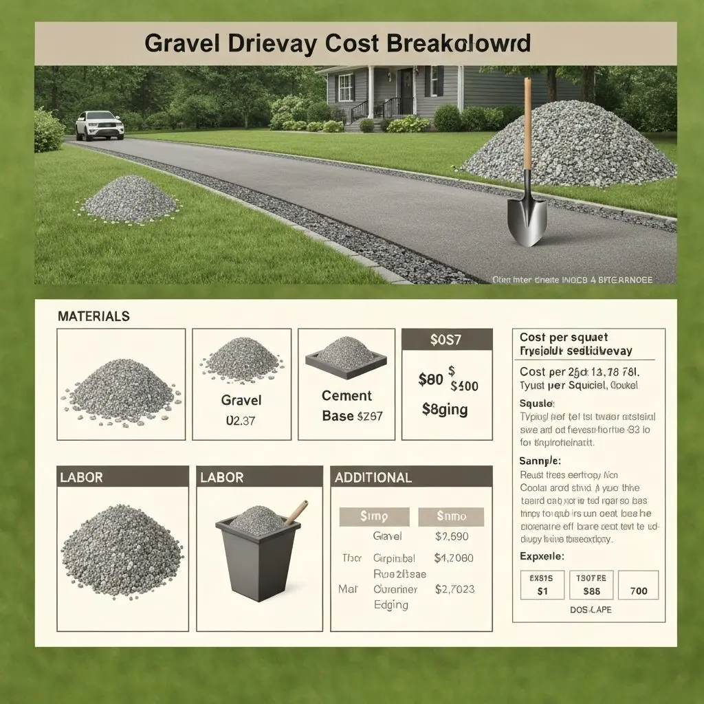 Detailed cost breakdown chart showing gravel driveway material prices per cubic yard with calculator and invoices for budget planning