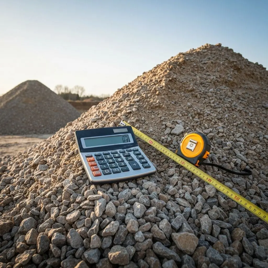 Crushed stone pile with calculator and measuring tools for accurate material estimation