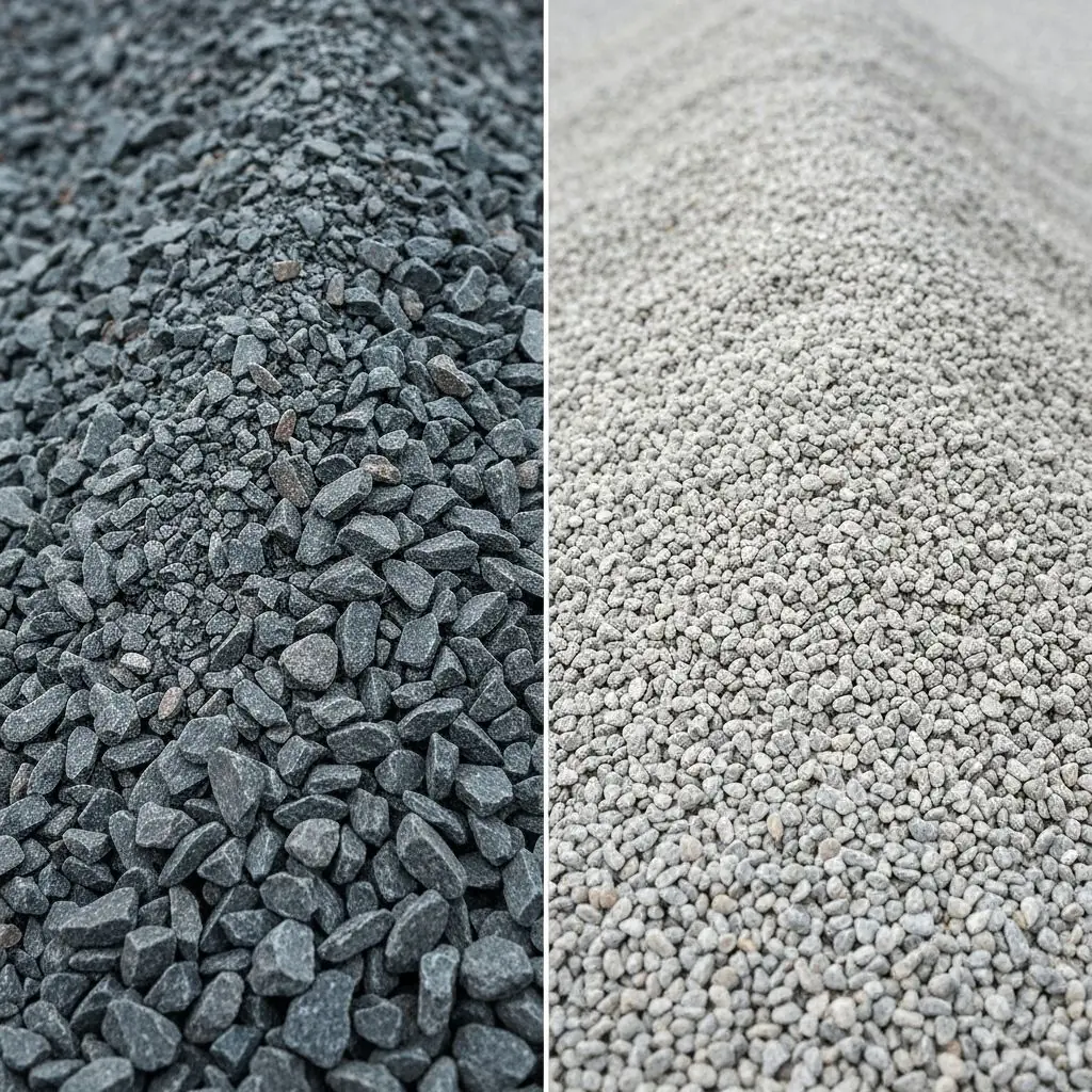 Material comparison showing differences between crushed stone and pea gravel for construction projects
