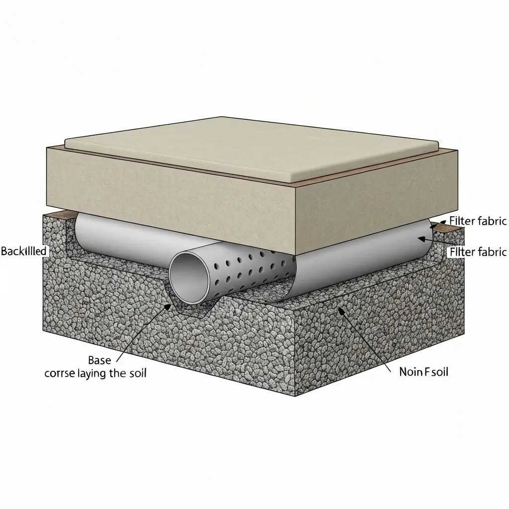 French drain installation showing gravel layers, perforated pipe, filter fabric, and sand topping for proper water drainage